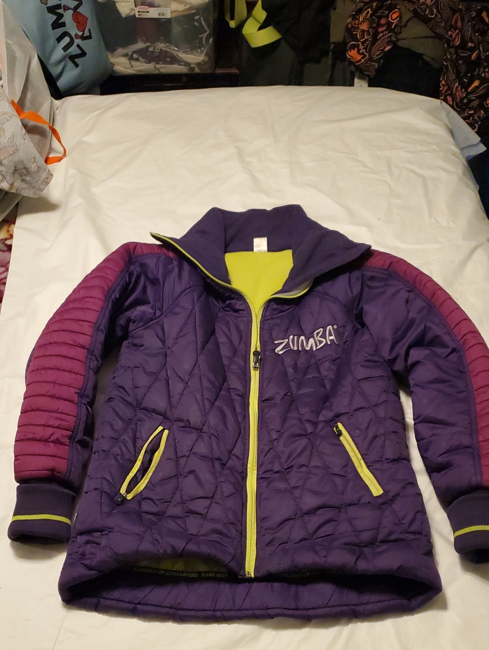 Size xl Zumba Women's Purple/Yellow Puffer Jacket **read description